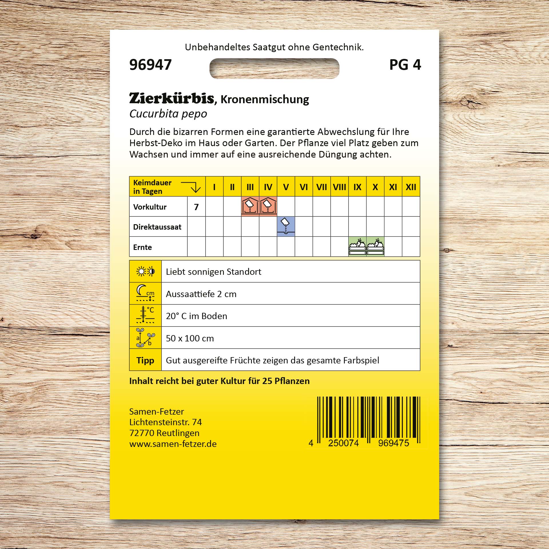 Rückseite der Samenpackung Zierkürbis Kronenmischung von Samen-Fetzer mit Aussaat- und Erntekalender für dekorative, bunte Zierkürbisse als Herbst-Deko für Haus und Garten.