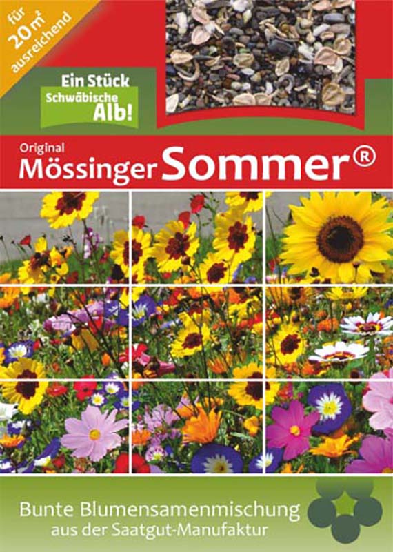 Verpackung der Sommerblumenmischung Mössinger Sommer von Samen-Fetzer mit bunten Sommerblumen und Saatgut, Premium-Mischung für farbenfrohe Blütenpracht im Garten