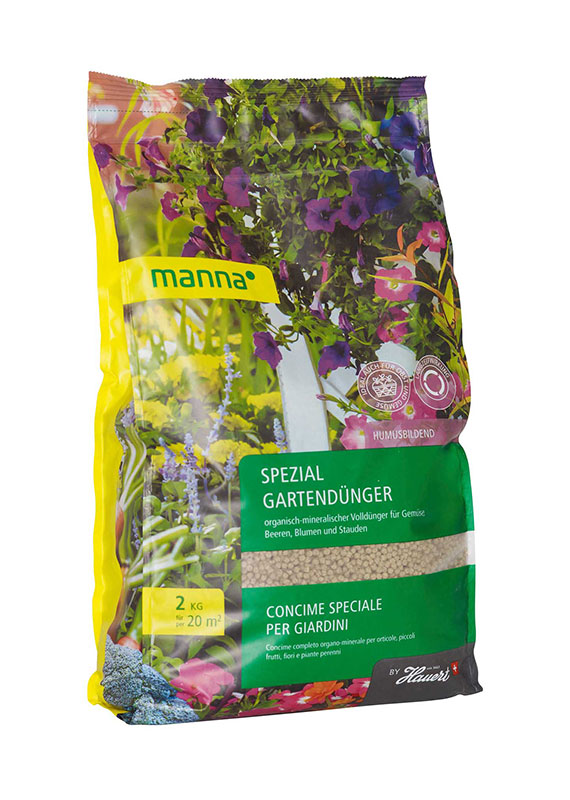 Packung Manna Spezial Gartendünger 2 kg, organisch-mineralischer Granulatdünger, bunte Verpackung mit Blumenmotiv