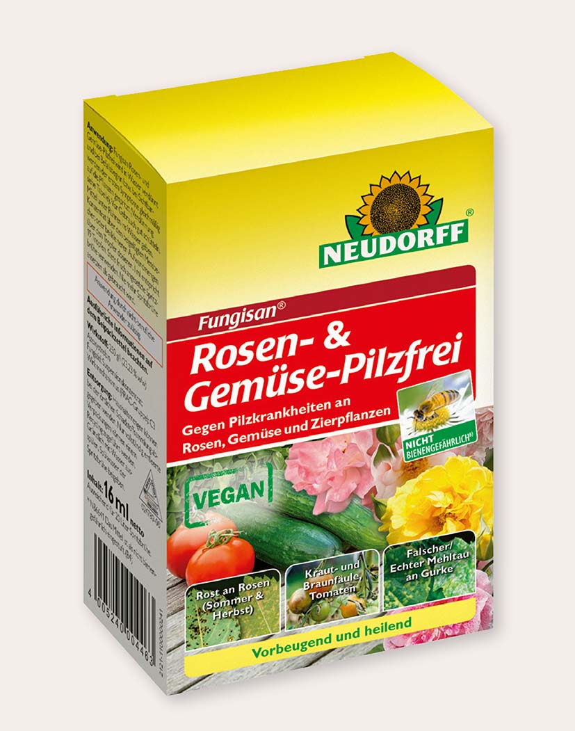 Packung Neudorff Fungisan Rosen- & Gemüse-Pilzfrei, gelb-rote Verpackung mit Sonnenblumen-Logo, Hinweis 'VEGAN', Bilder von Tomaten, Gurke und Rosenblüten, Anwendungsangabe gegen Pilzkrankheiten, Inhalt 16 ml
