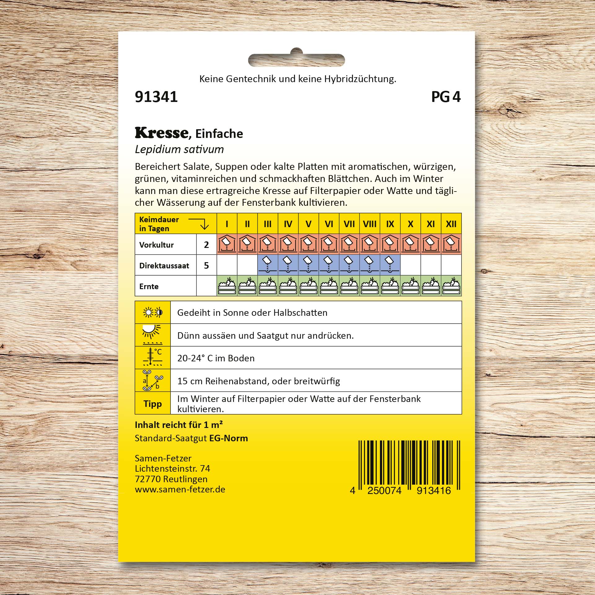 Rückseite der Samen-Fetzer Saatgutpackung Kresse Einfache mit Aussaatkalender, Erntezeiten und Hinweisen zur schnellwüchsigen, würzigen Gartenkresse für Salate, Suppen und Fensterbankkultur im Winter