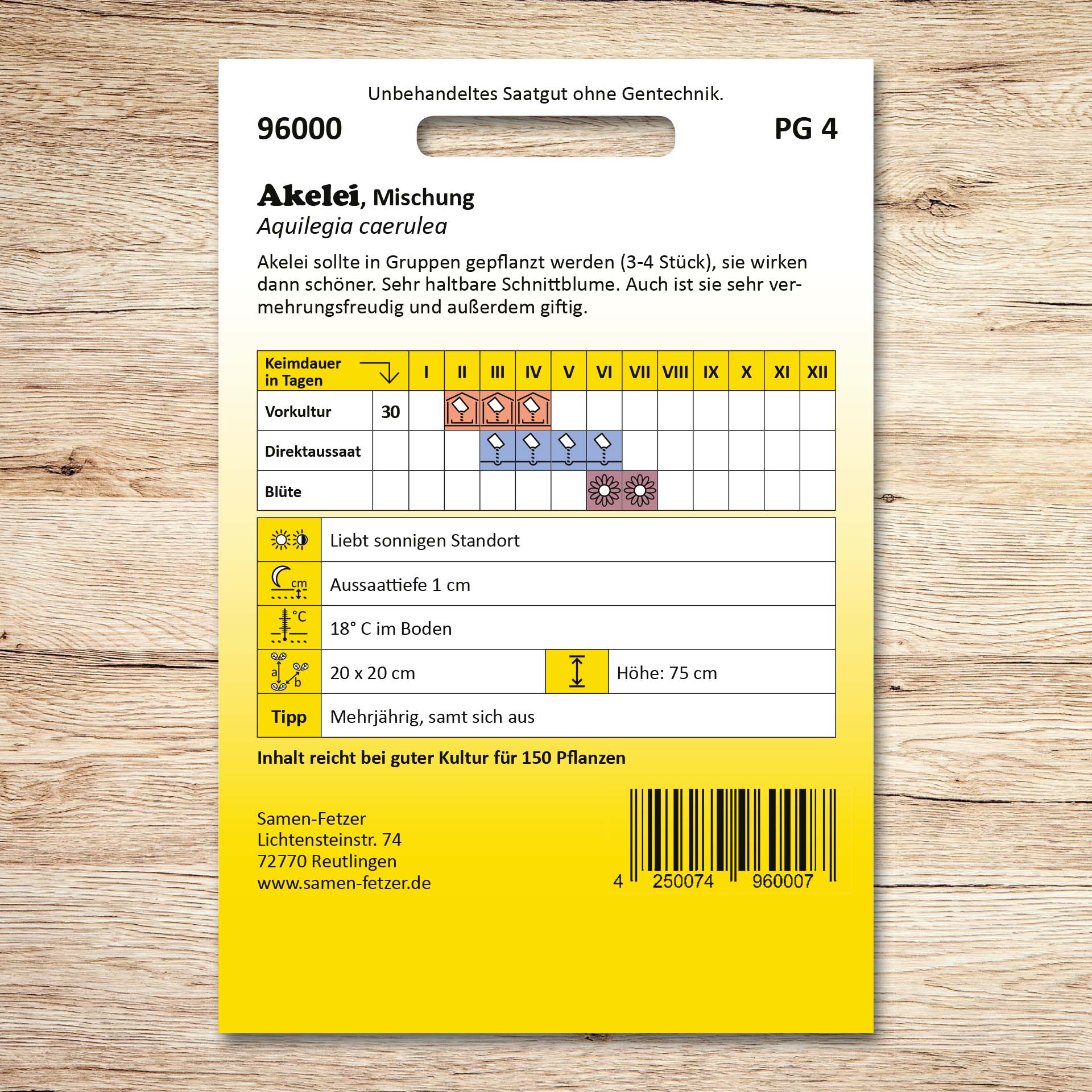 Rückseite der Samenpackung Akelei Mischung von Samen-Fetzer, großblumige langspornige Schnittblume, mit Aussaatkalender, Pflegehinweisen und Pflanzeninfos; Akelei ist giftig.