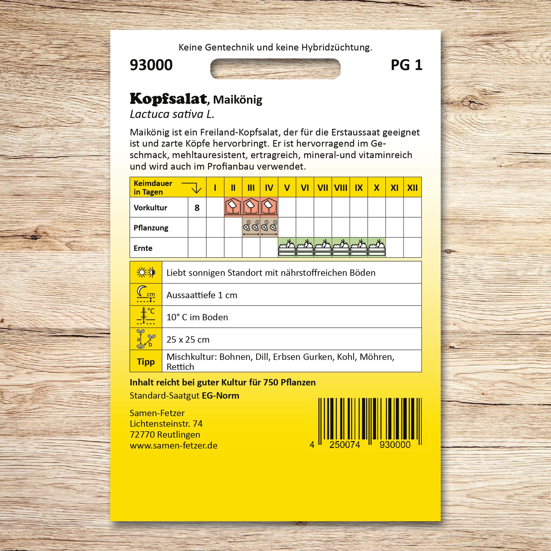 Rückseite der Samenpackung Kopfsalat Maikönig von Samen-Fetzer mit Aussaat- und Erntekalender; mehltauresistenter, ertragreicher Freiland-Kopfsalat für große, zarte, vitaminreiche Köpfe.