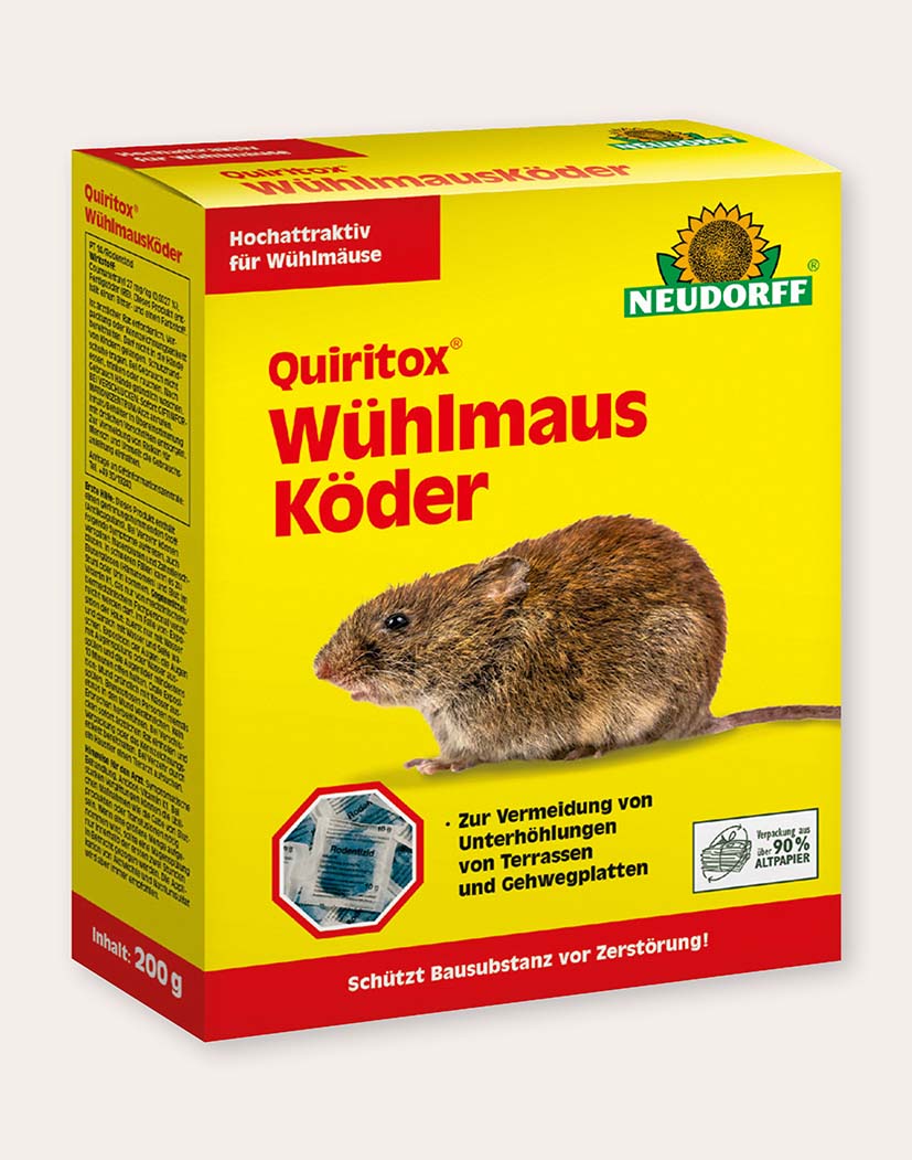 Gelbe Packung Neudorff Quiritox Wühlmausköder 200 g mit Bild einer Wühlmaus, Produktname und Hinweis 'Hochattraktiv für Wühlmäuse' sichtbar