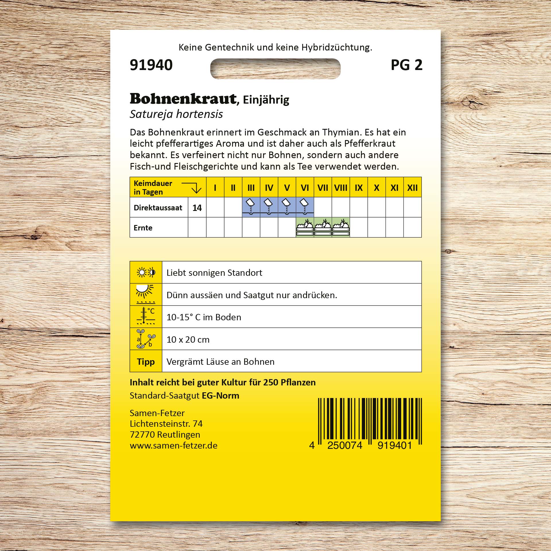 Rückseite der Samen-Fetzer Saatgutpackung Bohnenkraut einjährig mit Aussaat- und Erntekalender sowie Hinweisen zu sonnigem Standort, Lichtkeimer und pfefferartigem Aroma.