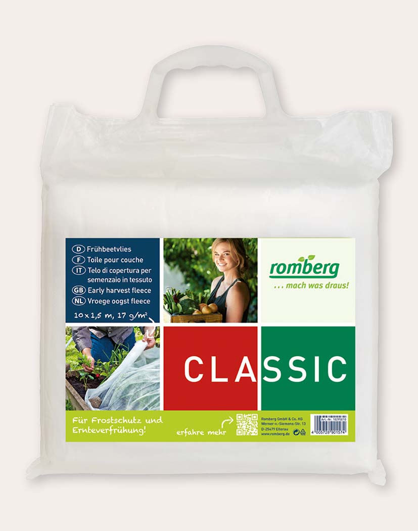 Verpacktes Romberg Classic Frühbeetvlies mit Tragegriff, 10 x 1,5 m, 17 g/m², weißes Gartenvlies zur Abdeckung von Beeten