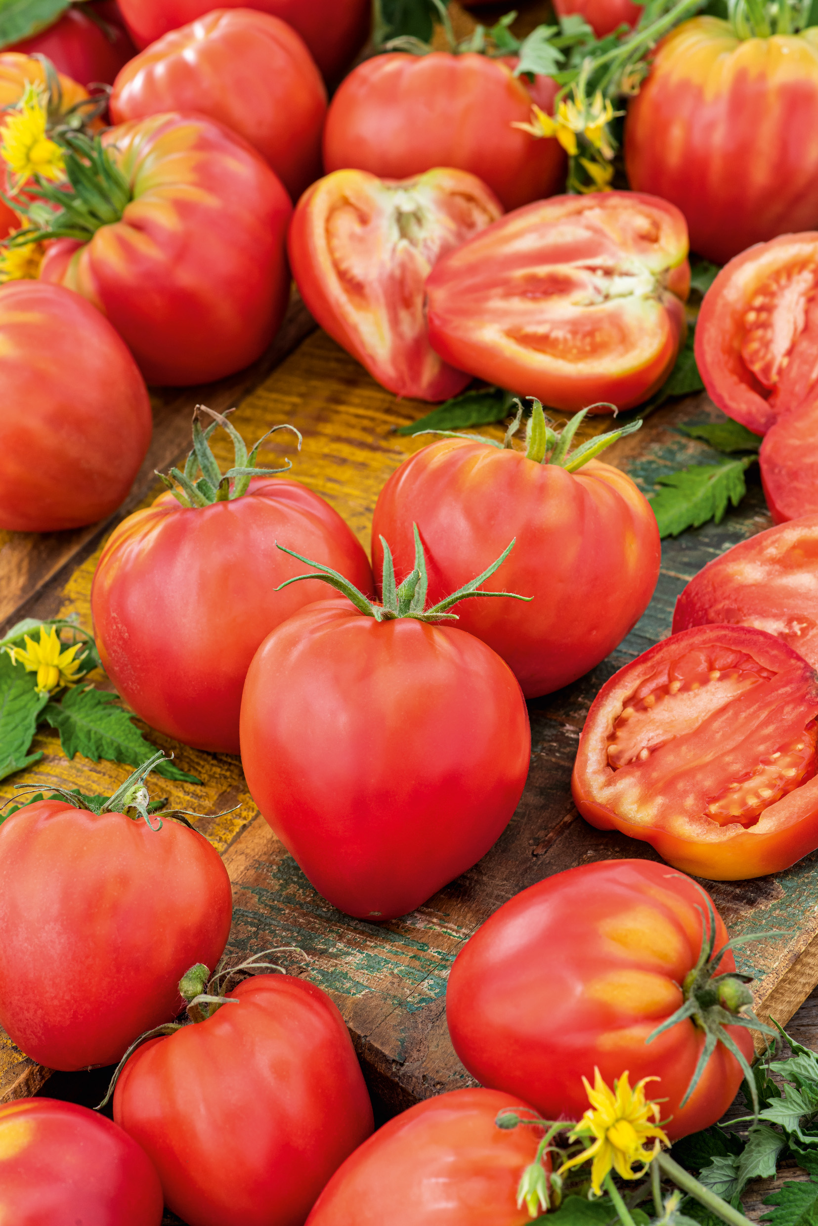 Nahaufnahme von frischen roten Fleischtomaten, einige halbiert, auf einem rustikalen Holzbrett mit grünen Blättern und kleinen gelben Blüten