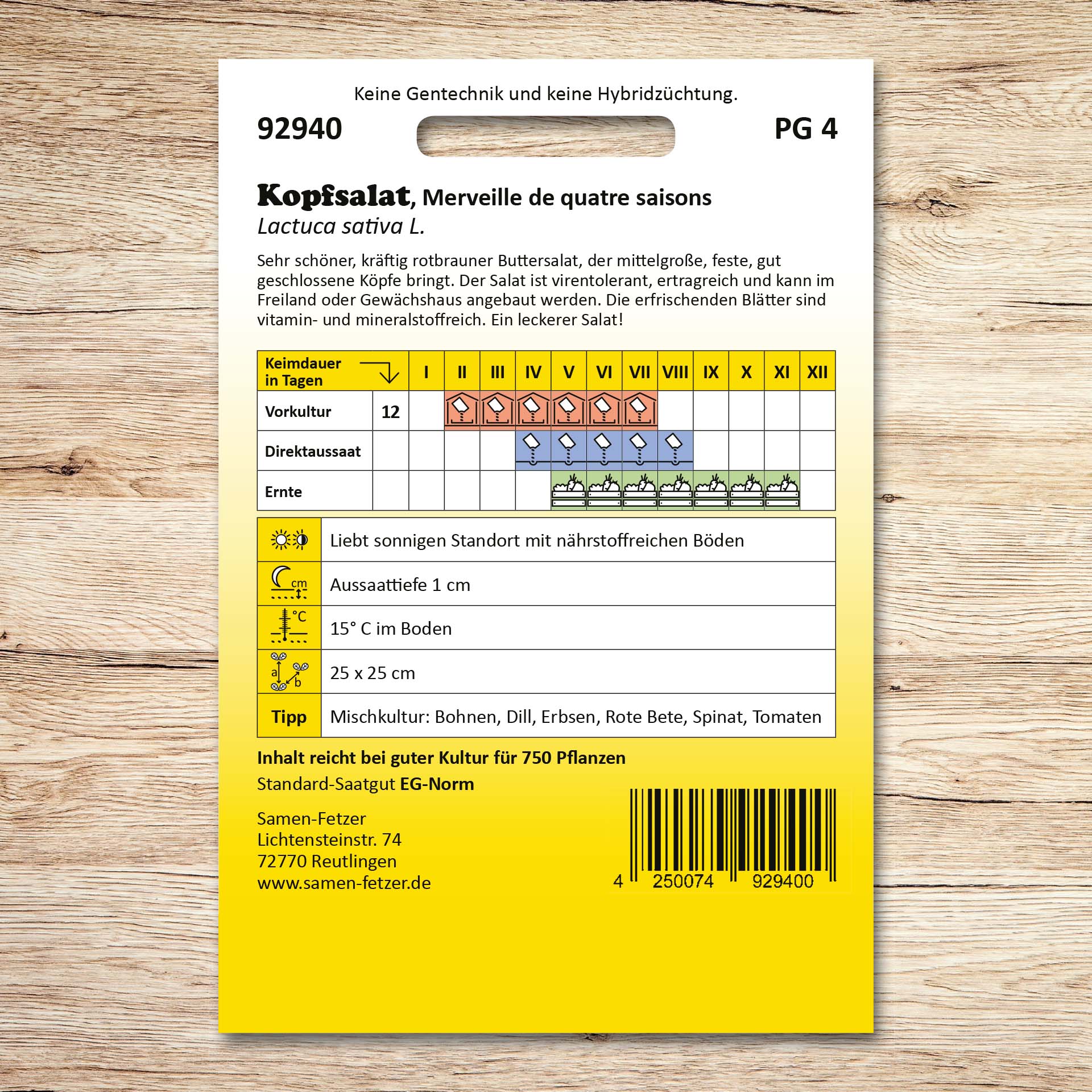 Rückseite der Samen-Fetzer Samentüte Kopfsalat Merveille de quatre saisons mit Aussaatkalender und Pflegehinweisen für rotbraunen, ertragreichen Buttersalat.