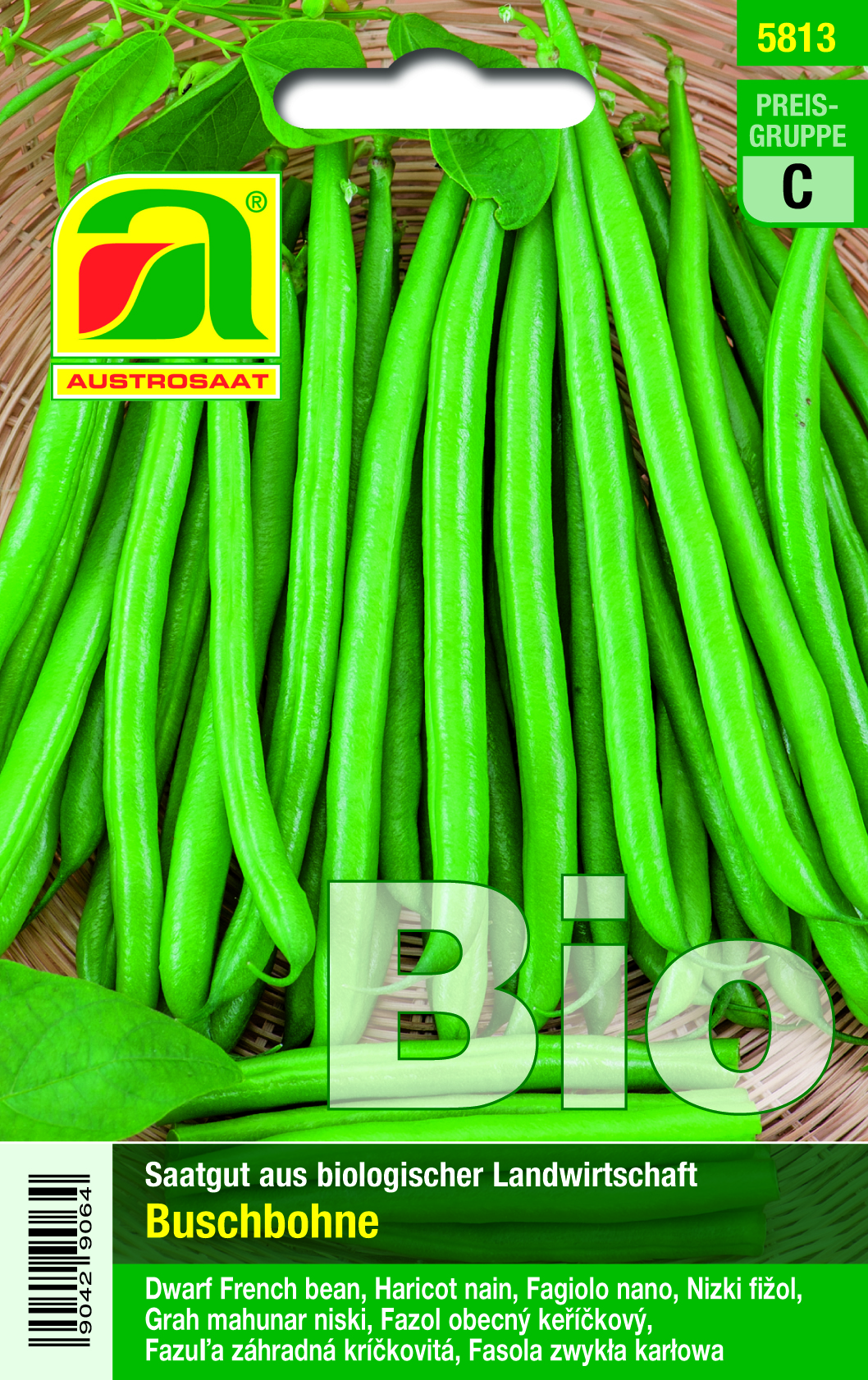 Produktbild: Packung Austrosaat Bio Buschbohne Saatgut mit frischen grünen Buschbohnen auf Korbhintergrund, Bio-Kennzeichnung und Preisgruppe C