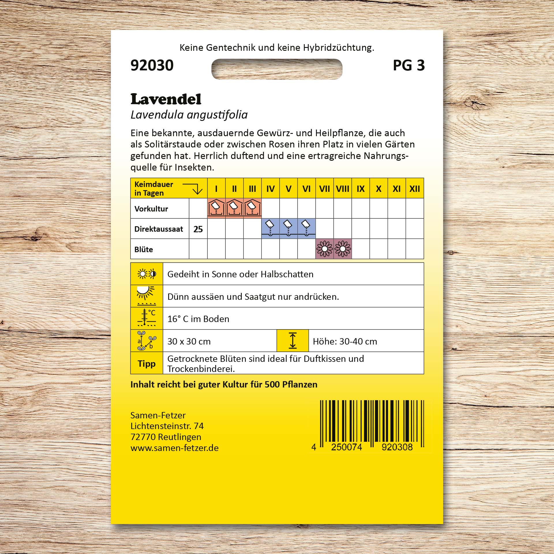 Rückseite der Samenpackung Lavendel (Lavandula angustifolia) von Samen-Fetzer mit Aussaatkalender, Pflegehinweisen und Infos zur bienenfreundlichen Gewürz- und Heilpflanze.