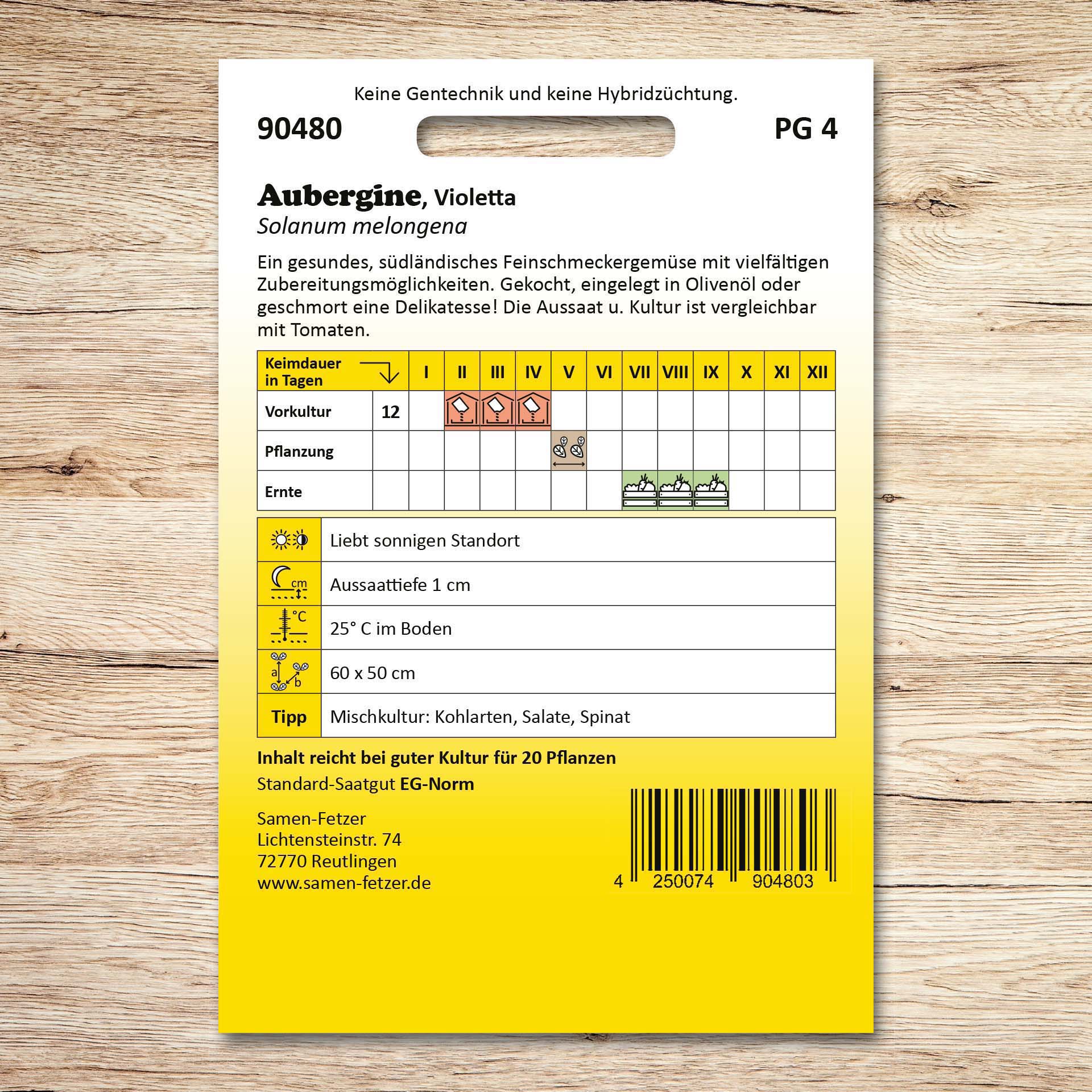 Rückseite der Samenpackung Auberginen Violetta von Samen-Fetzer mit Infos zu Aussaat, Keimdauer, Pflanzung und Ernte des Feinschmeckergemüses Solanum melongena.