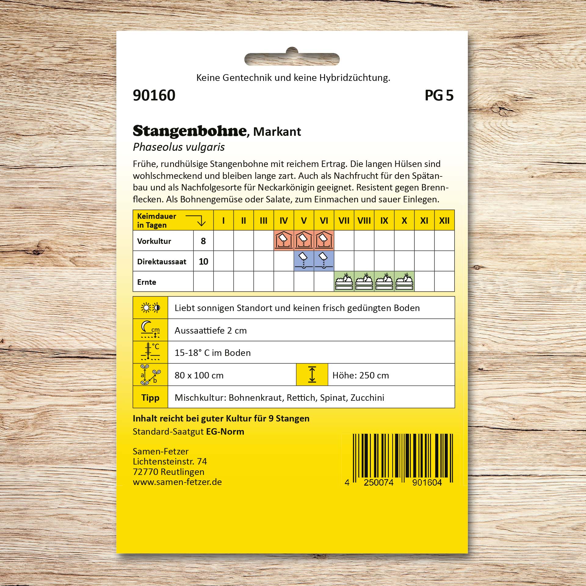 Rückseite der Samenpackung Stangenbohnen Markant von Samen-Fetzer mit Aussaat-, Ernte- und Pflegehinweisen zur frühen, ertragreichen Stangenbohne