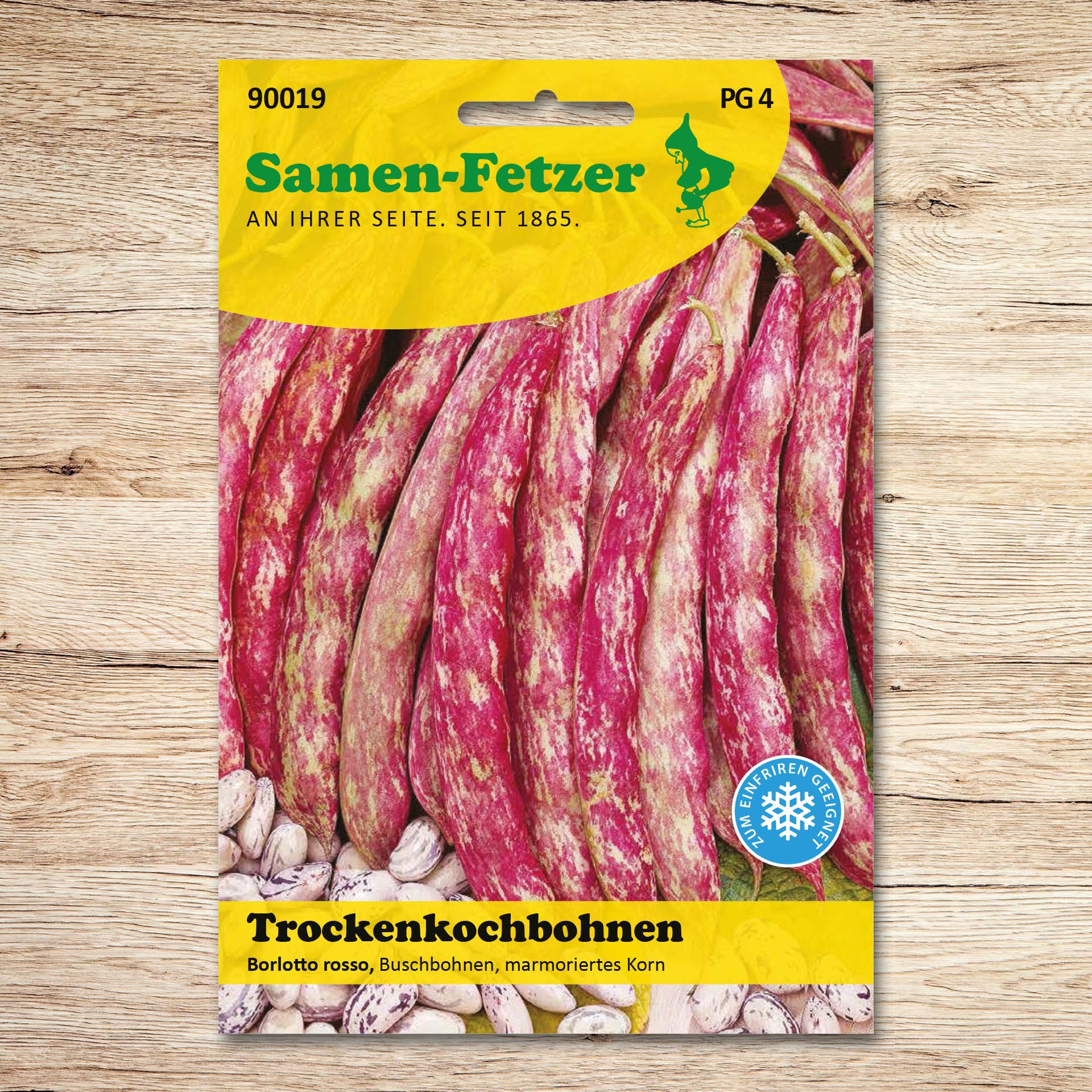 Saatgutpackung Samen-Fetzer Trockenkochbohnen Borlotto rosso mit rot-weiß marmorierten Hülsen und gesprenkelten Bohnenkernen, Buschbohnen in Profi-Qualität