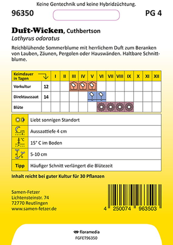 Rückseite einer Samenpackung für Duft-Wicken 'Cuthbertson' (Lathyrus odoratus) mit Aussaatkalender, Vorkultur/Direktsaat, Blütezeit, sonniger Standort, Aussaattiefe 4 cm, Keimtemp. 15°C, Pflanzabstand 5–10 cm.