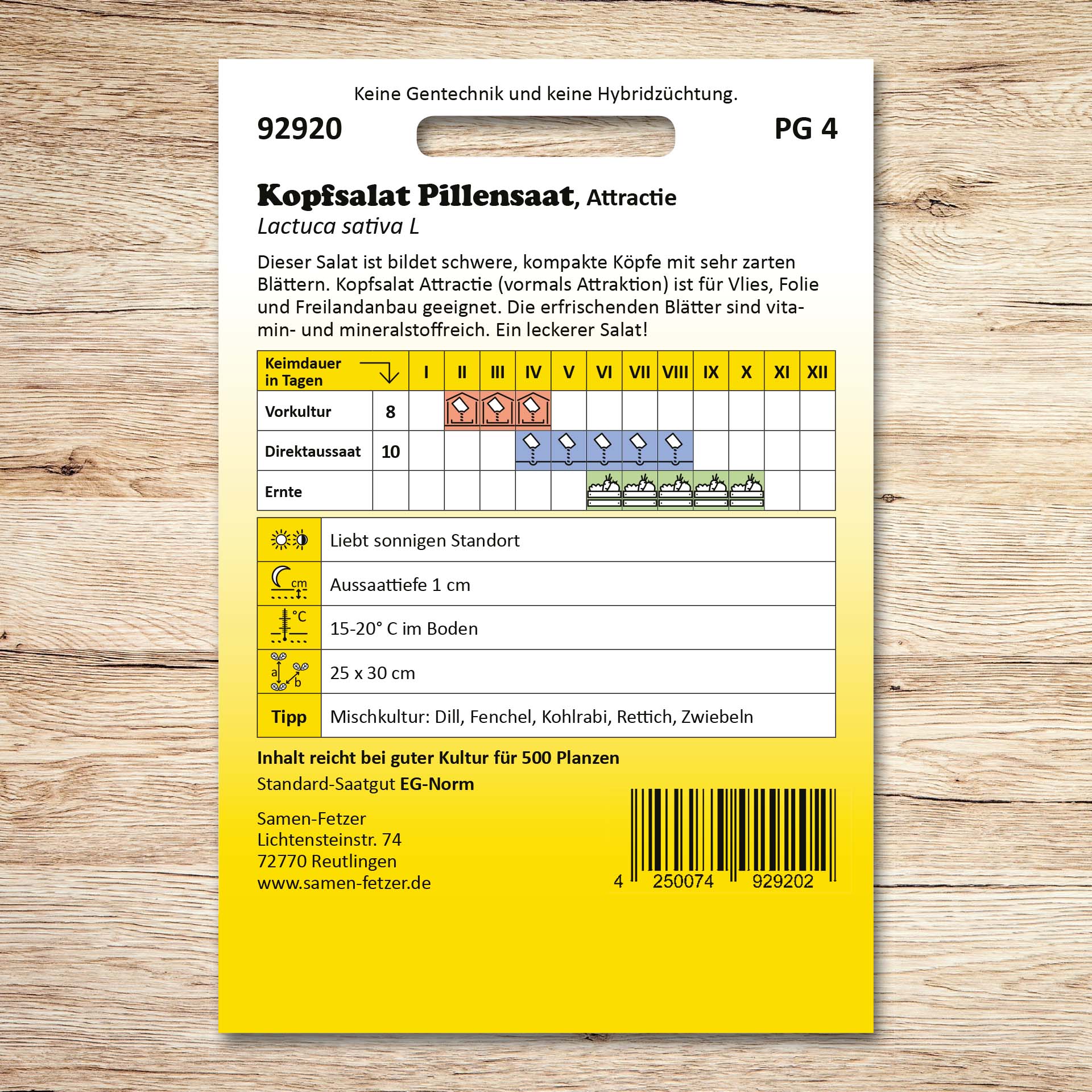 Rückseite der Samenpackung Kopfsalat Pillensaat Attractie von Samen-Fetzer mit Aussaatkalender und Infos zu hitzebeständigem, mehltauresistentem Kopfsalat für Sommeranbau