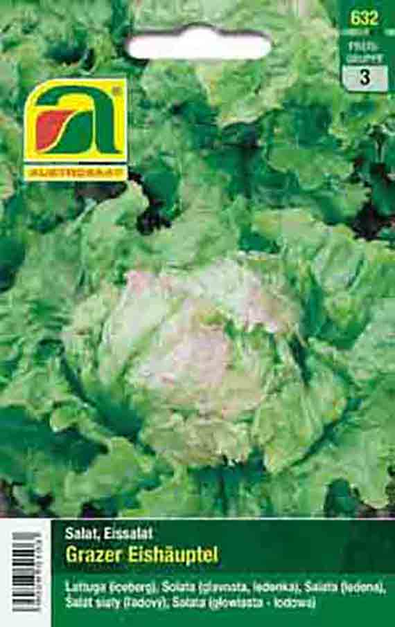 Saatgut-Packung für Eissalat 'Grazer Eishäuptel' mit Foto eines grünen Salatkopfs, Markenlogo und Produktbezeichnung auf der Verpackung