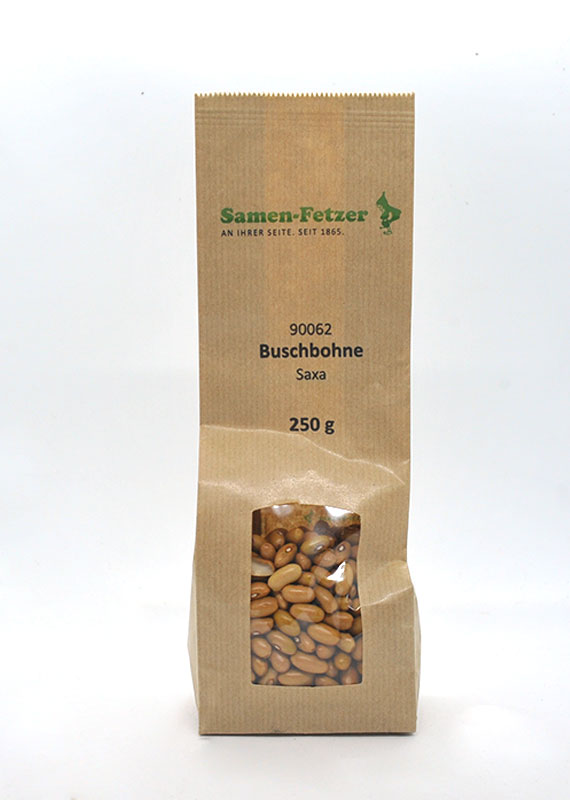 Braune Papiertüte der Marke Samen-Fetzer mit sichtbarem Kunststofffenster, gefüllt mit braun gesprenkelten Buschbohnen (Saxa), 250 g, Artikelnummer 90062.
