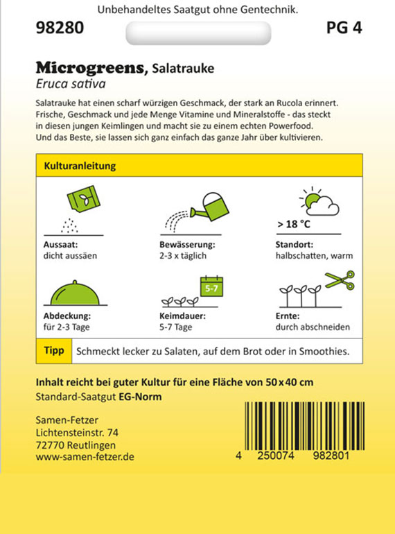 Verpackungsrückseite von Saatgut 'Microgreens, Salatrauke (Eruca sativa)' mit Kulturanleitung: Aussaat dicht, Bewässerung 2–3× täglich, Keimdauer 5–7 Tage, Standort >18°C, Abdeckung 2–3 Tage, Ernte durch Abschneiden; Hersteller Samen-Fetzer.