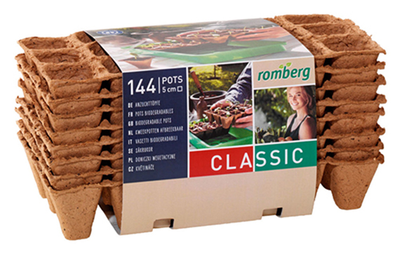 Packung Romberg Classic Anzuchttöpfe, 144 Stück, je 5 cm, braune biologisch abbaubare Pflanztöpfe in mehreren Stapeln mit Produktbanderole