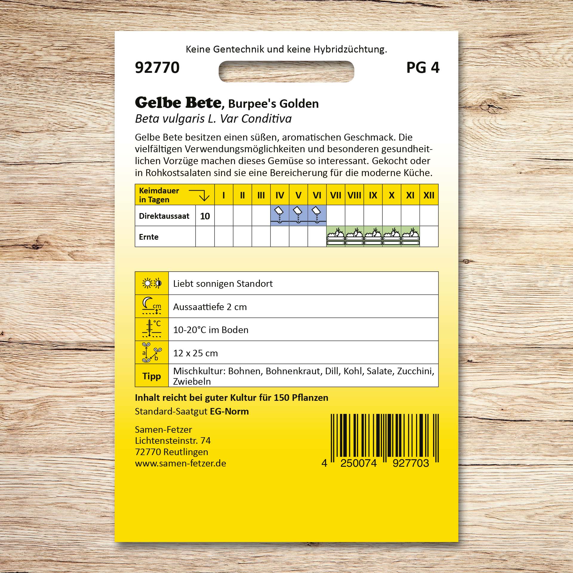 Rückseite der Saatgutpackung Gelbe Bete Burpees Golden von Samen-Fetzer mit Aussaat- und Erntekalender sowie Angaben zu Standort, Aussaattiefe und Pflanzabstand.