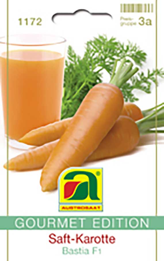 Saatgut-Packung Saft-Karotte Bastia F1 (Gourmet Edition) mit abgebildeten Karotten und Glas Karottensaft
