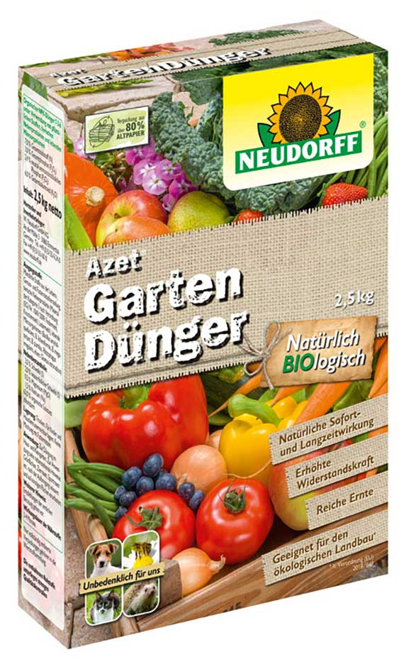 Packung Neudorff Azet Garten-Dünger (2,5 kg) mit Gemüse- und Obstabbildungen, Hinweis Natürlich BIOlogisch, geeignet für Hobby- und ökologischen Gartenbau