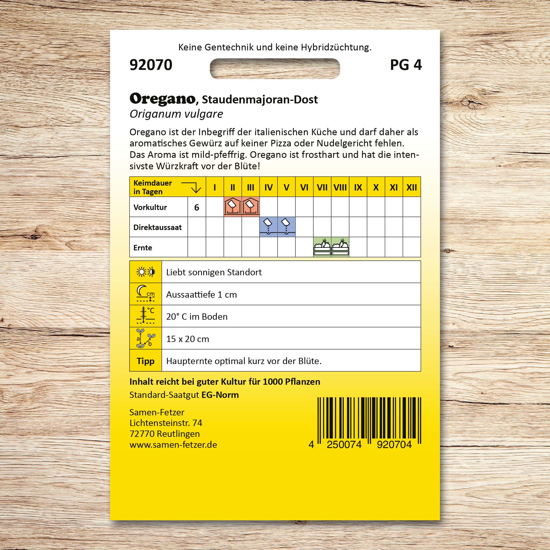 Rückseite einer Samen-Fetzer Saatgutpackung für Oregano Staudenmajoran-Dost mit Aussaatkalender, Erntezeit, Standortangaben und Hinweis auf mild-pfeffriges, frosthartes Gewürz für Pizza und Nudelgerichte.