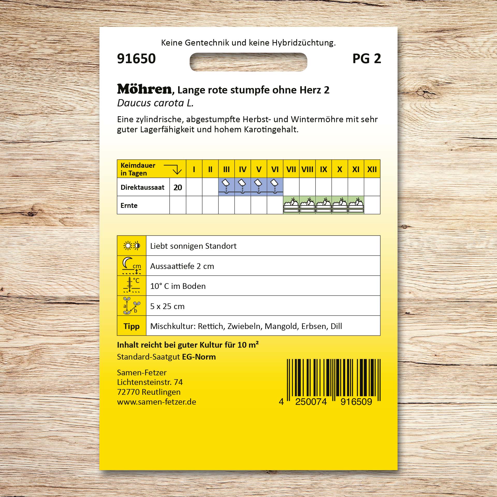Rückseite der Samen-Fetzer Samentüte Möhren Lange rote stumpfe o. Herz mit Aussaat- und Erntekalender, Angaben zu sonnigem Standort, 2 cm Aussaattiefe, 5 x 25 cm Pflanzabstand und hoher Lagerfähigkeit.