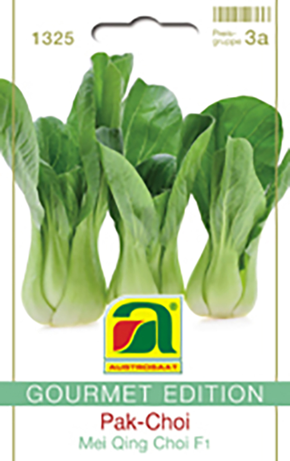 Bild der Saatgutpackung für Pak-Choi (Mei Qing Choi F1), zeigt drei grüne Pak-Choi-Pflanzen, Markenlogo und Schriftzug 'Gourmet Edition' auf weißem Hintergrund