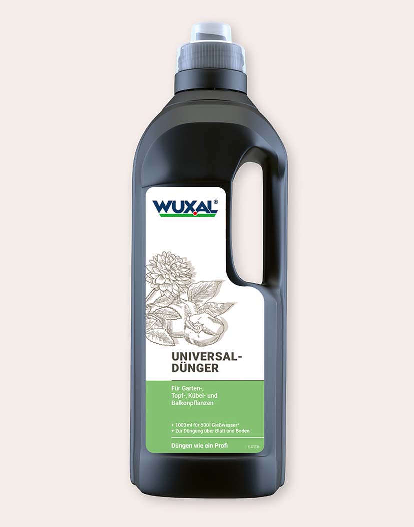 Produktbild: WUXAL Universal-Dünger in schwarzer Flasche mit Etikett, Flüssigdünger für Garten-, Topf-, Kübel- und Balkonpflanzen