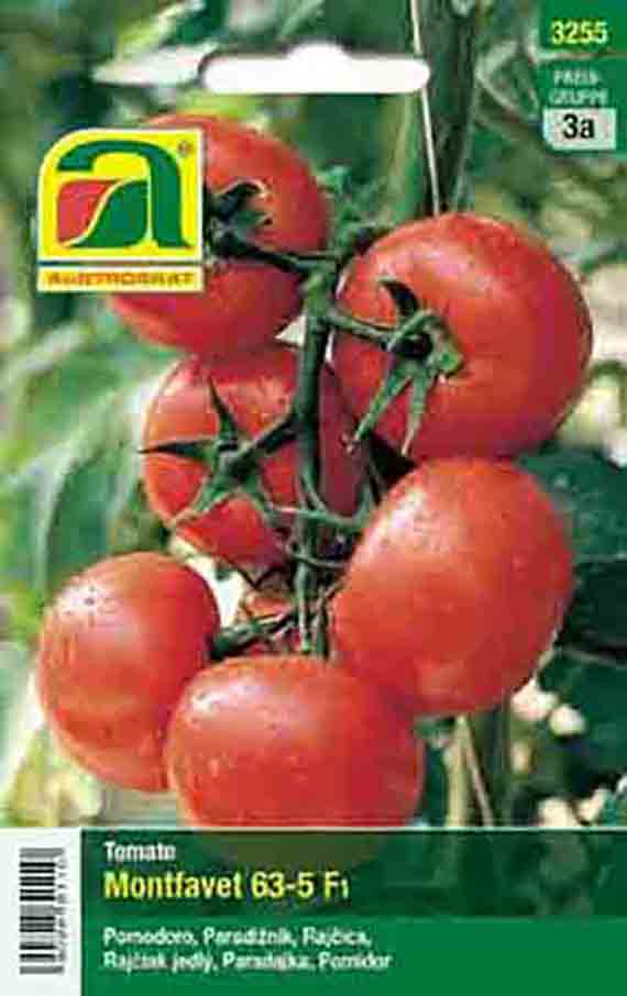 Packung Montfavet 63-5 F1 Tomaten-Saatgut mit Bild einer Rispe roter, runder Tomaten an der Rebe und Markenlogo auf grüner Verpackung