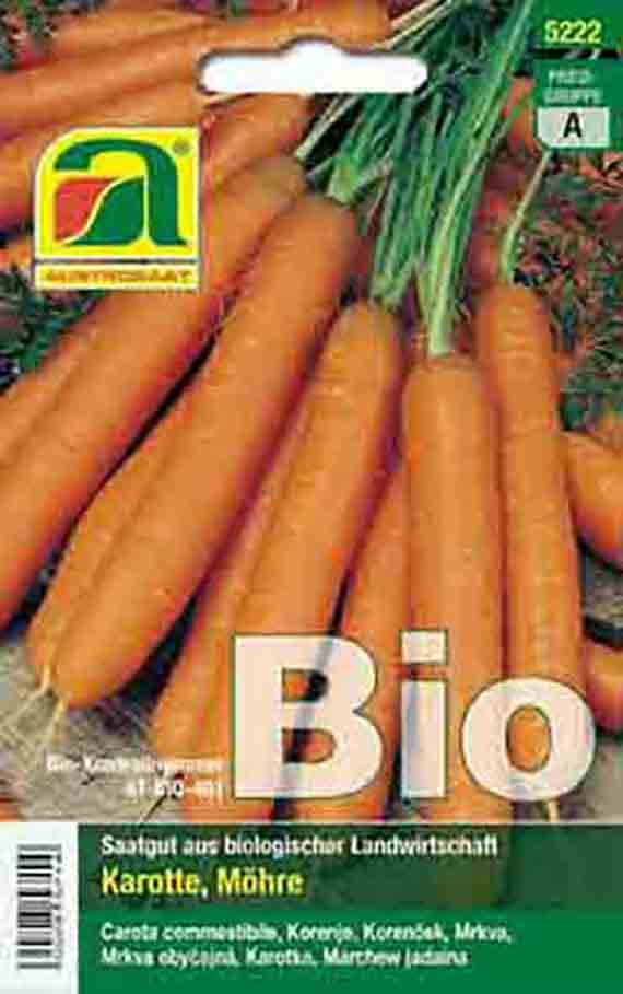 Saatgutverpackung für Bio-Karotten (Möhren) mit Karottenabbildung und großem Schriftzug 'Bio'