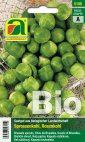 5100 Verpackung von Bio-Rosenkohl mit Foto der Rosenkohlröschen auf grünem Hintergrund, Produktetikett und Bio-Kennzeichnung sichtbar