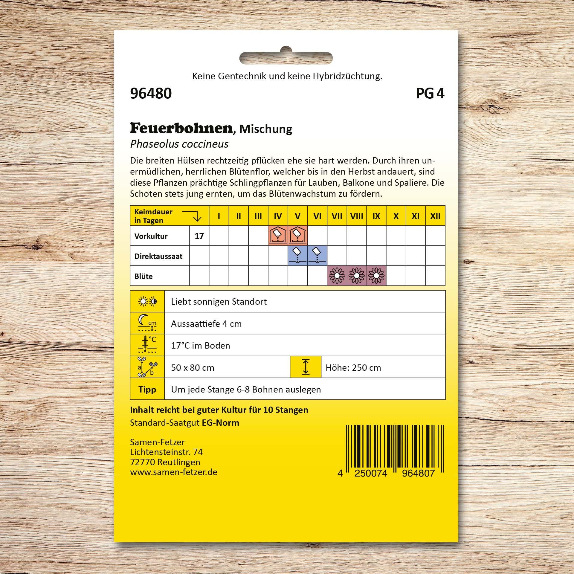 Rückseite der Samen-Fetzer Saatgutpackung Feuerbohnen Mischung mit Aussaatkalender, Pflegehinweisen und Infos zu aromatischen Bohnen für Salate und als Beilage zu Fleischgerichten