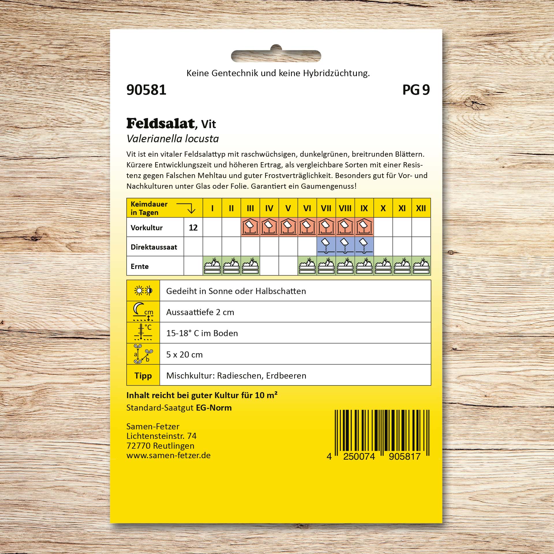 Rückseite der Samenpackung Feldsalat Vit von Samen-Fetzer mit Infos zu Aussaat, Ernte, Standort und Pflanzabstand; raschwüchsiger, dunkelgrüner, frostverträglicher Feldsalat, resistent gegen Falschen Mehltau.