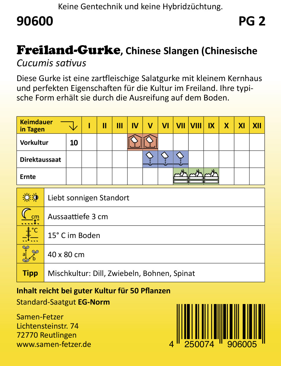 Saatgutpackung Freilandgurken Chinese Slangen von Samen-Fetzer, zartfleischige Salatgurke mit kleinem Kernhaus, ideal für Freiland, Frischverzehr und Konservieren
