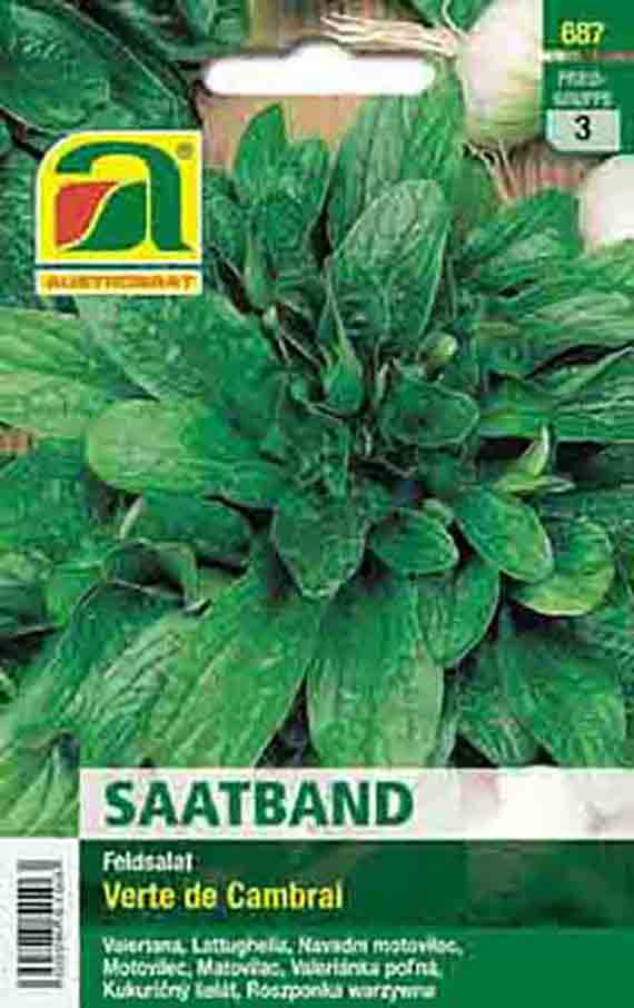 Verpackung eines Saatbands Feldsalat (Verte de Cambral) mit grünem Salatmotiv, Markenlogo oben links und deutlicher Produktbezeichnung 'SAATBAND'