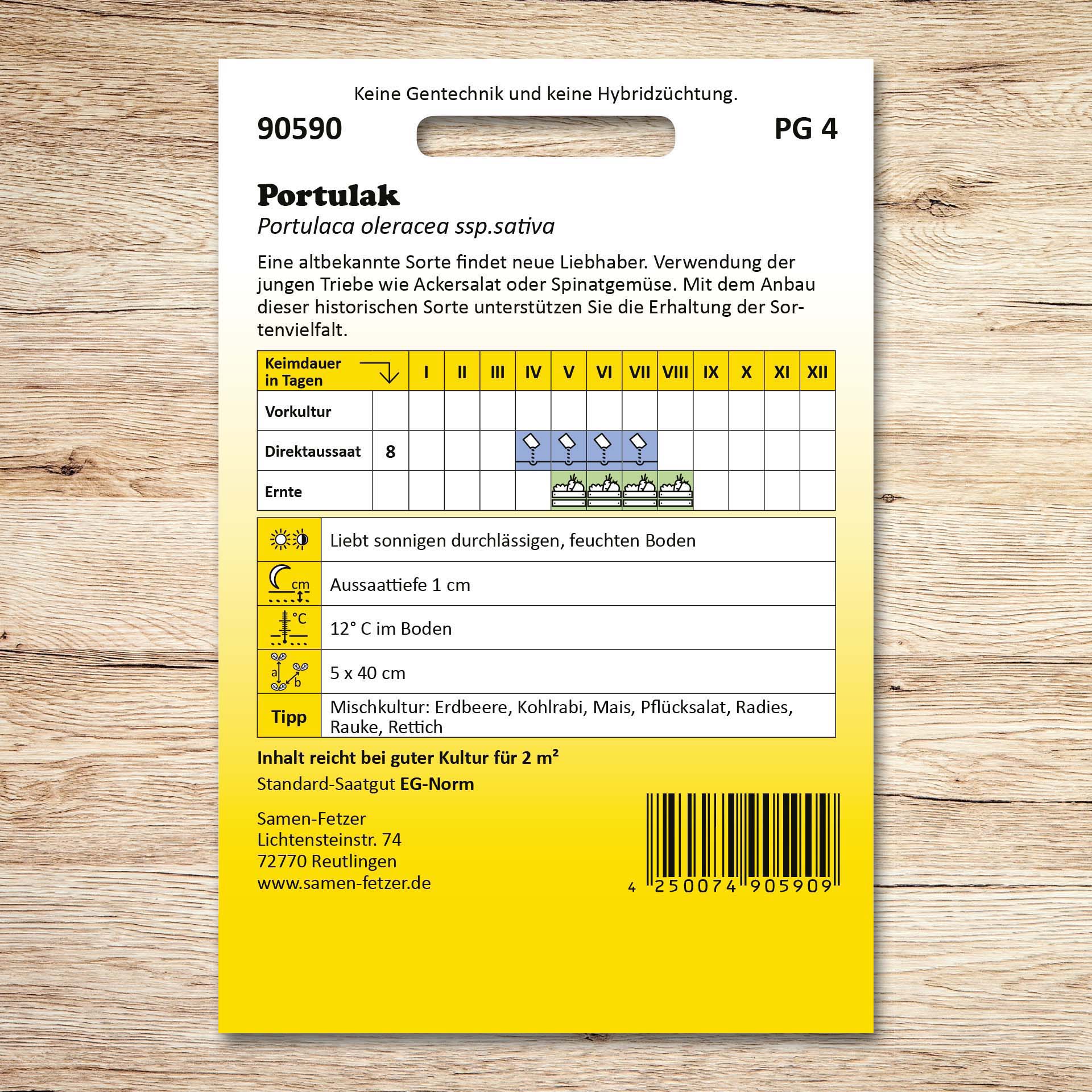 Rückseite der Samenpackung Portulak Sommerportulak mit Anbauanleitung, Aussaat- und Erntekalender für das altbekannte Blattgemüse, nutzbar wie Salat oder Spinat.