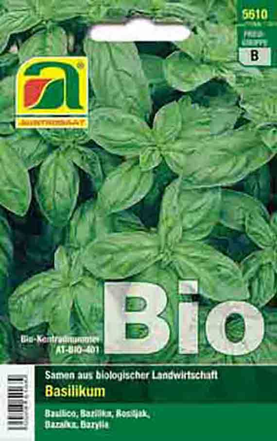Samentüte mit Bio-Basilikum: Verpackung mit Basilikumblättern, großem "Bio"-Schriftzug und Hinweis 'Samen aus biologischer Landwirtschaft'