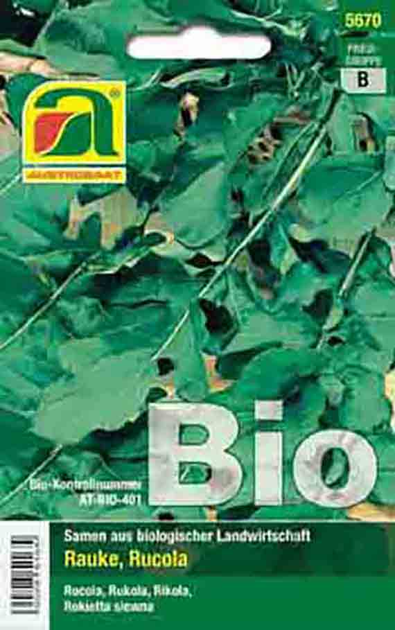Verpackungsvorderseite eines Bio-Rucola (Rauke) Saatgutbeutels mit Abbildung grüner Rucola-Blätter und großem Schriftzug 'BIO'
