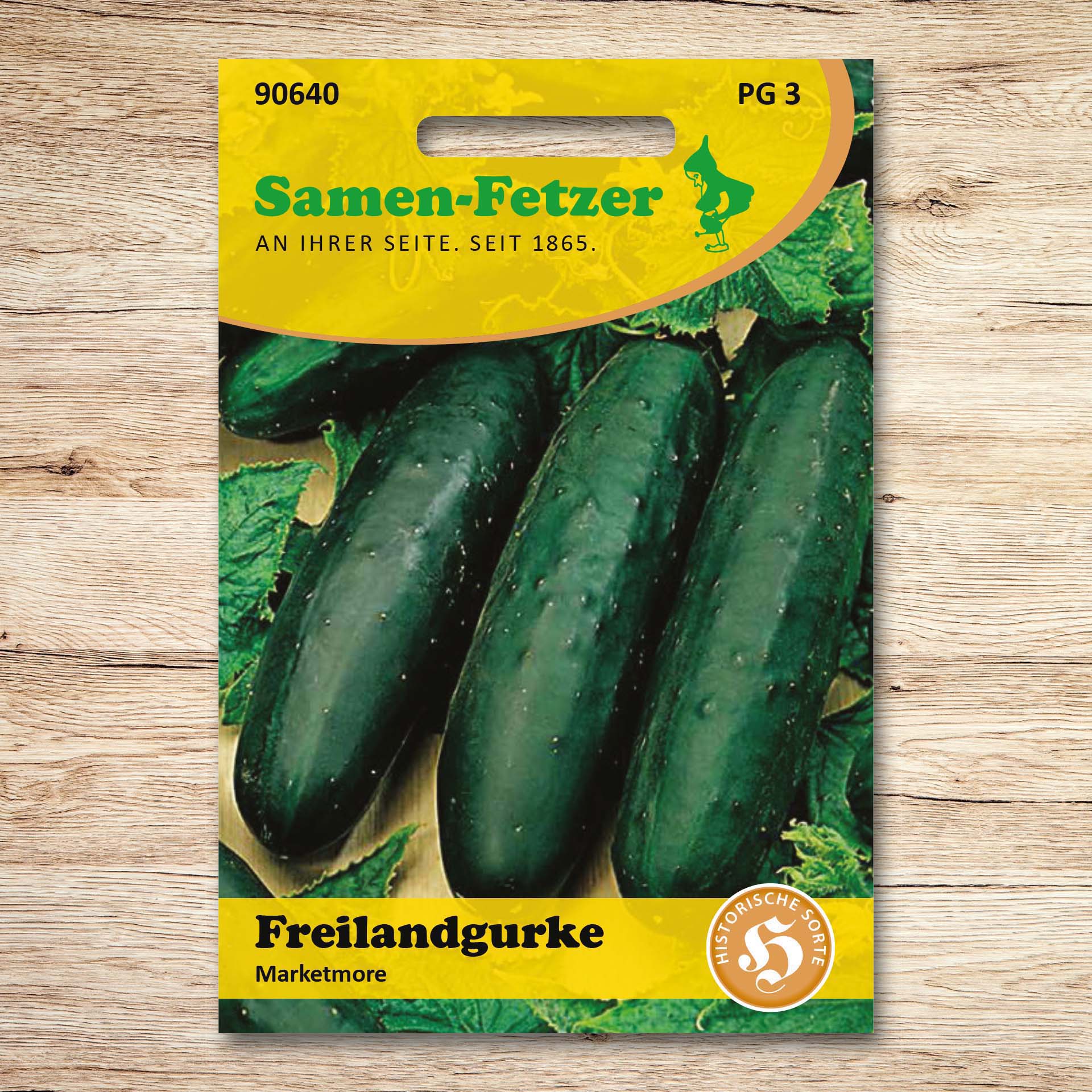 Samentüte Freilandgurke Marketmore von Samen-Fetzer mit dunkelgrünen, walzenförmigen Gurken, historische Sorte für Salate und frühen Freilandanbau