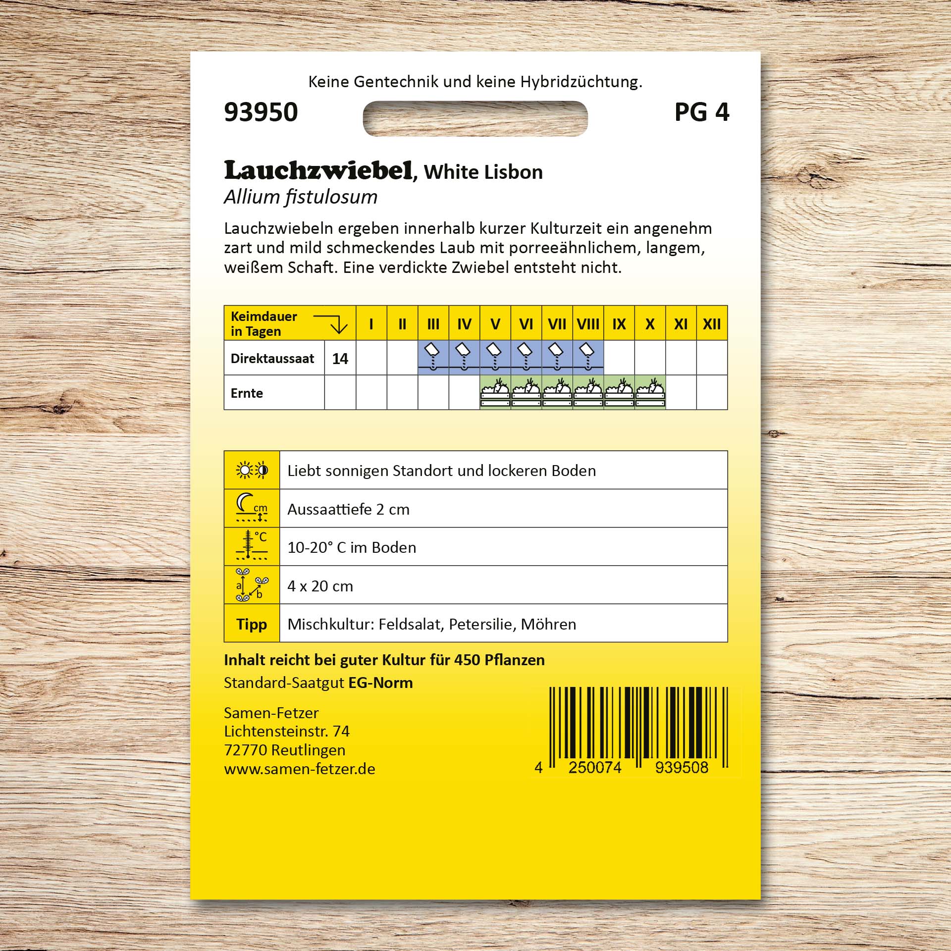Rückseite der Samenpackung Lauchzwiebeln White Lisbon von Samen-Fetzer mit Aussaat- und Erntekalender sowie Hinweisen zu Keimdauer, Aussaattiefe, Standort und Pflanzabstand.