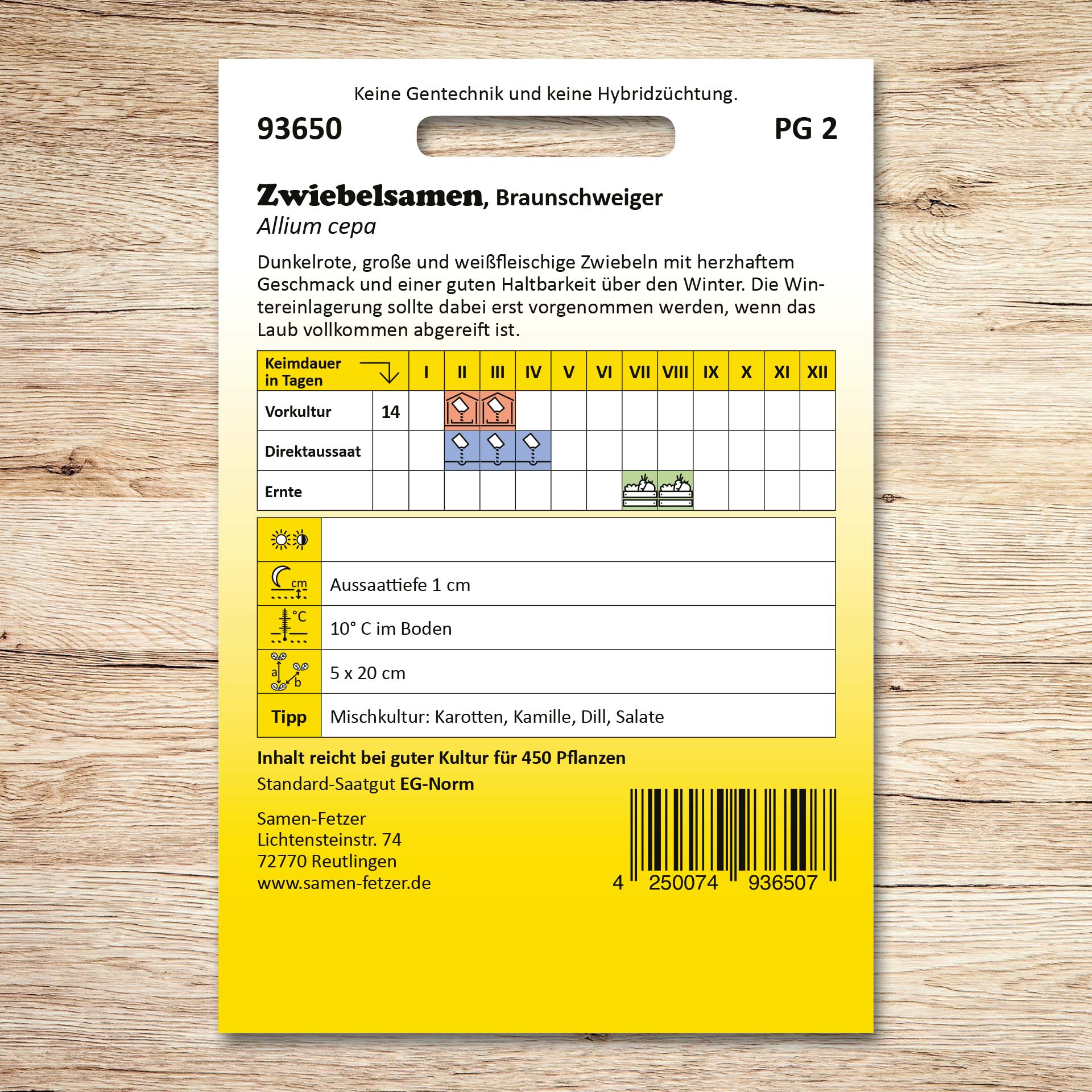Rückseite der Samenpackung Zwiebelsamen Braunschweiger dunkelblutrote von Samen-Fetzer mit Infos zu Aussaat, Keimdauer, Ernte und winterhaltbaren dunkelroten Zwiebeln