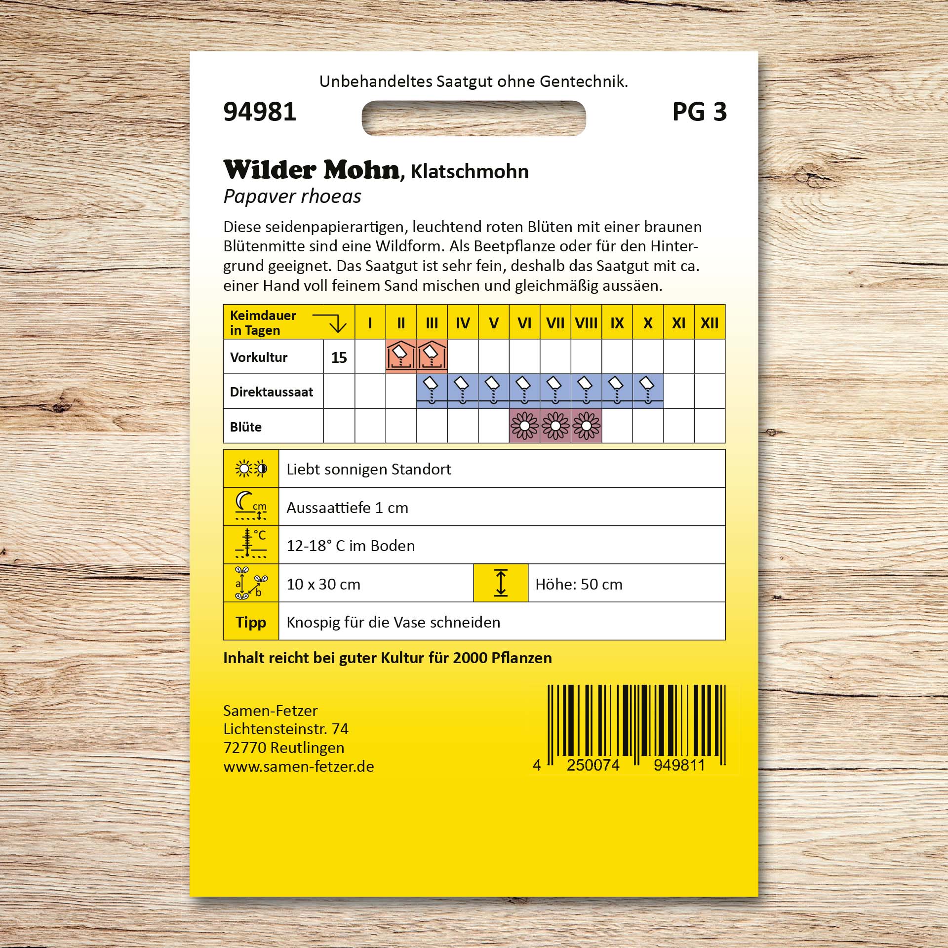 Rückseite der Samenpackung Wilder Mohn Klatschmohn von Samen-Fetzer mit Aussaat- und Blühkalender, Standortangaben und Pflegehinweisen für rot leuchtende Mohnblüten.