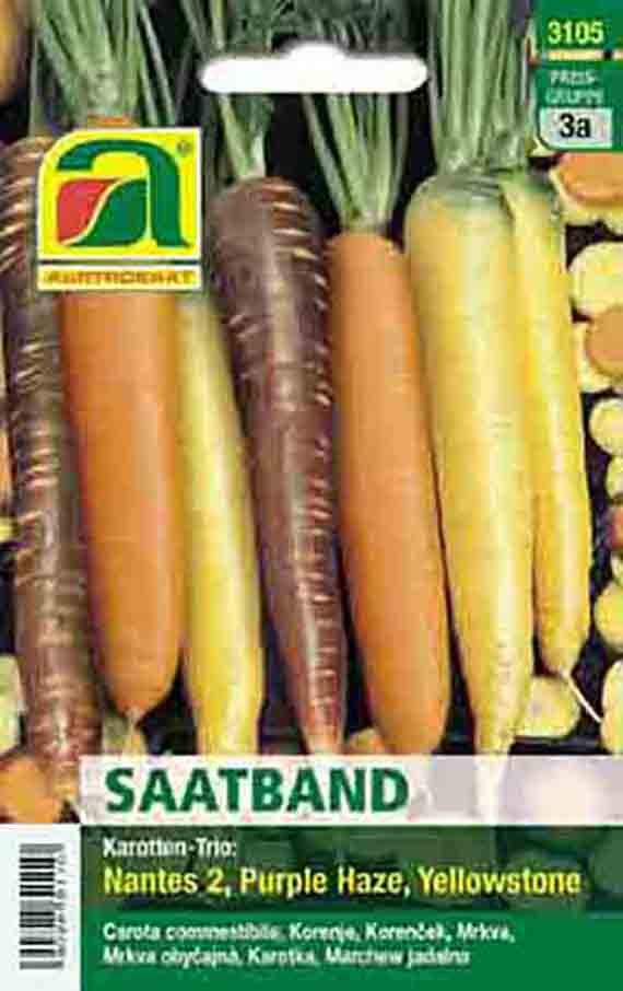 Saatband-Verpackung mit Karotten-Trio: Nantes 2 (orange), Purple Haze (violett) und Yellowstone (gelb). Markenlogo, Produktname und Sortenbezeichnung deutlich auf der Verpackung sichtbar.