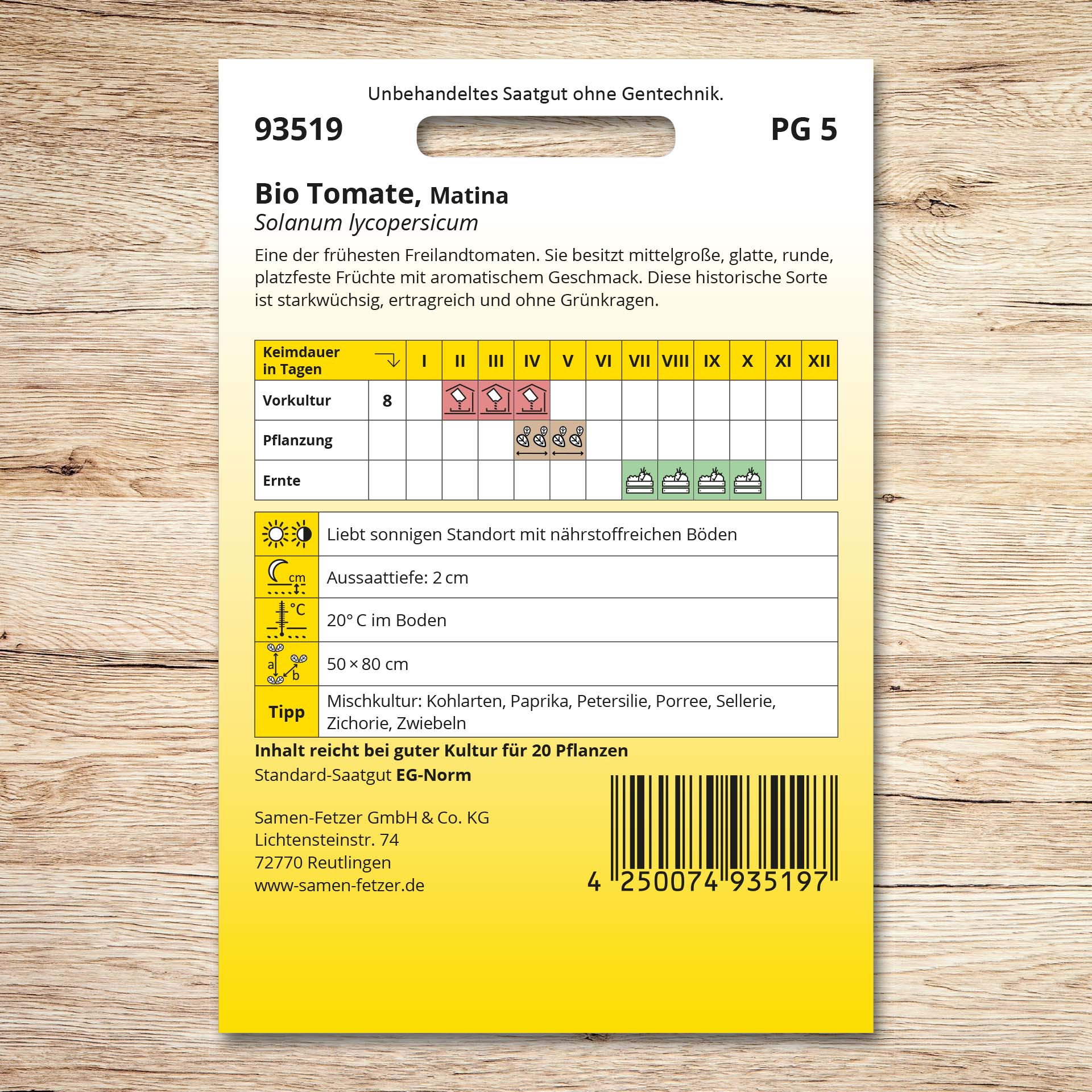 Rückseite der Samenpackung Tomaten Bio Matina von Samen-Fetzer mit Infos zu Aussaat, Pflanzung, Ernte sowie Standort für die frühe, aromatische und ertragreiche Freilandtomate