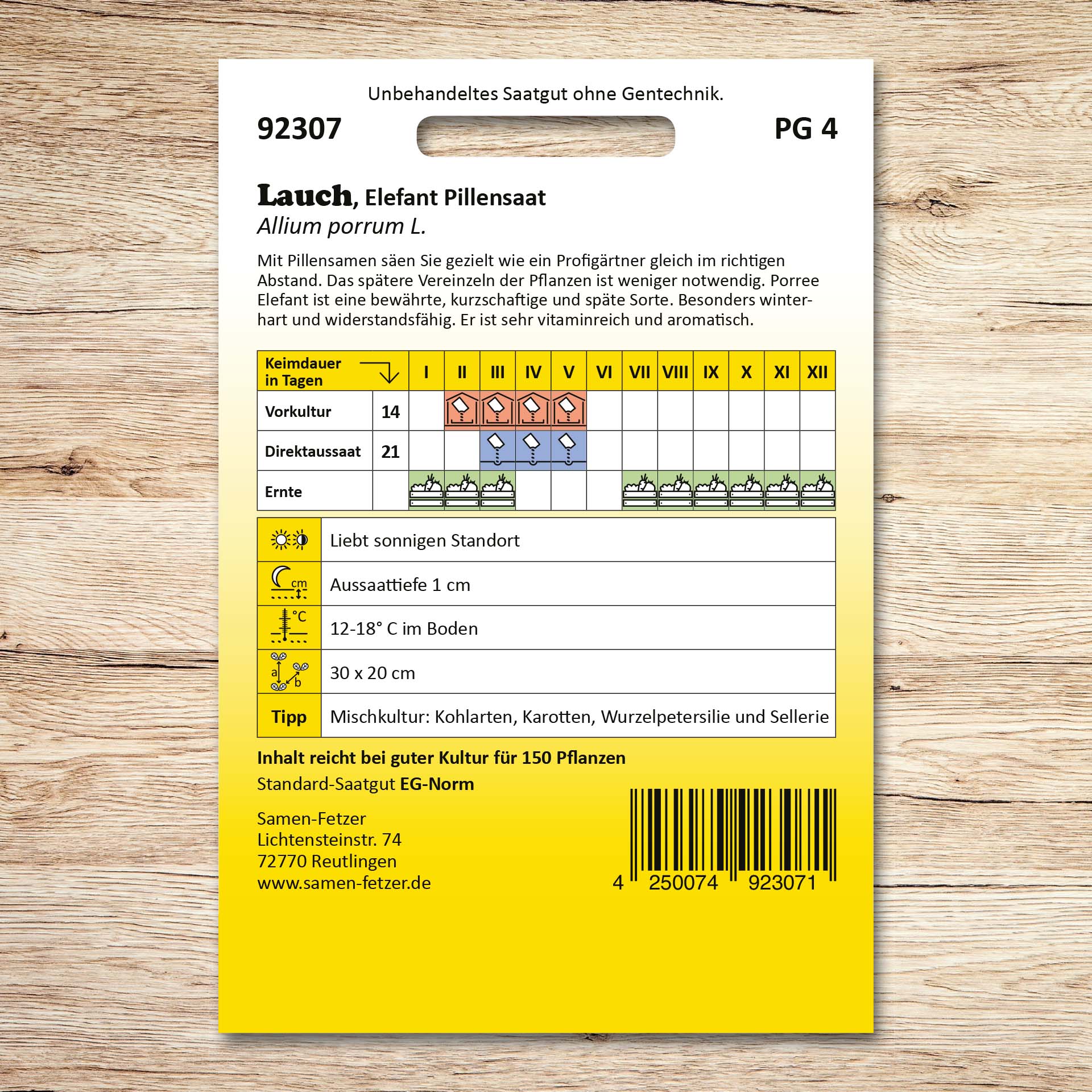 Rückseite der Samenpackung Lauch Pillensaat Elefant von Samen-Fetzer mit Aussaat- und Erntekalender für winterharten, aromatischen Porree; späte Sorte, Ernte bis März.