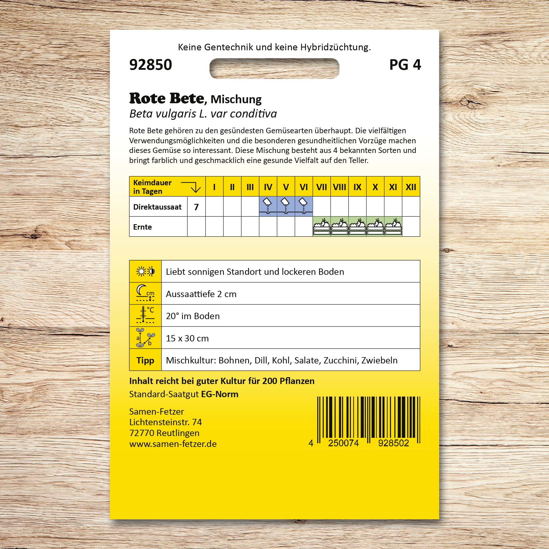 Rückseite der Samenpackung Samen-Fetzer Rote Bete Mischung mit Aussaat- und Erntehinweisen; Saatgut für 4 Rübensorten, die farblich und geschmacklich gesunde Vielfalt auf den Teller bringen.