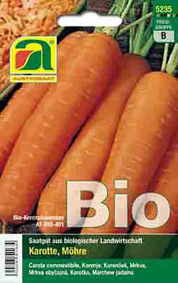 Saatgutpackung Bio Möhren Flakkese 2 mit mehreren intensiv orangefarbenen, leicht konischen Karotten; lagerfähige Bio-Möhre in Profi-Qualität