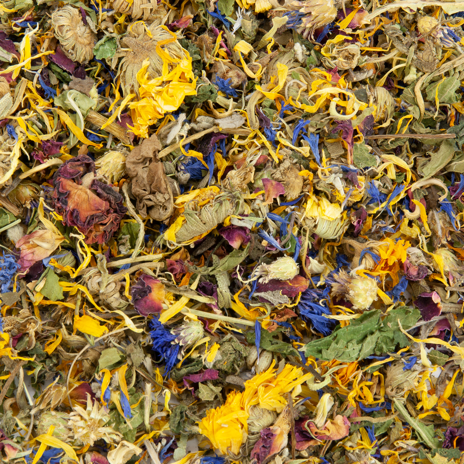 Nahaufnahme von Kleintierfutter Nager Nachtisch, einer natürlichen Blüten-Kräuter-Mischung mit Ringelblume, Rose, Kornblume, Brennnessel, Salbei und Löwenzahn für Kaninchen, Meerschweinchen und andere Nager